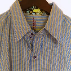 Robert Graham Blue/Yellow Stripe Paisley Long Sleeve Cotton Shirt XL